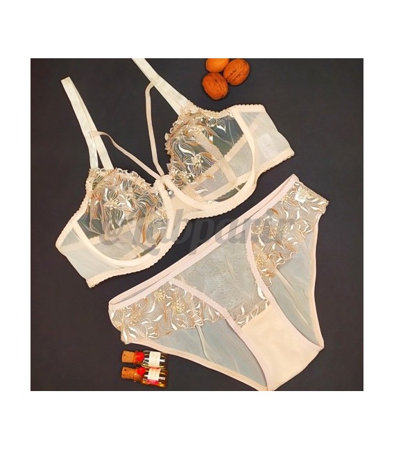 ست لباس زیر تمام تور Paniz پانیذ تمام تور کرم کد 9018 فنردار